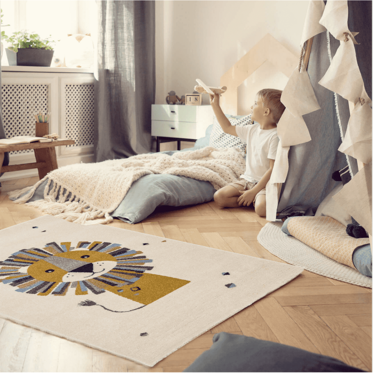 Tappeto Da Gioco Per Bambini Animali Africani – Giraffa, Leone, Elefante – Grigio, Marrone, Crema – 160x230 Cm – Certificato Oeko-Tex