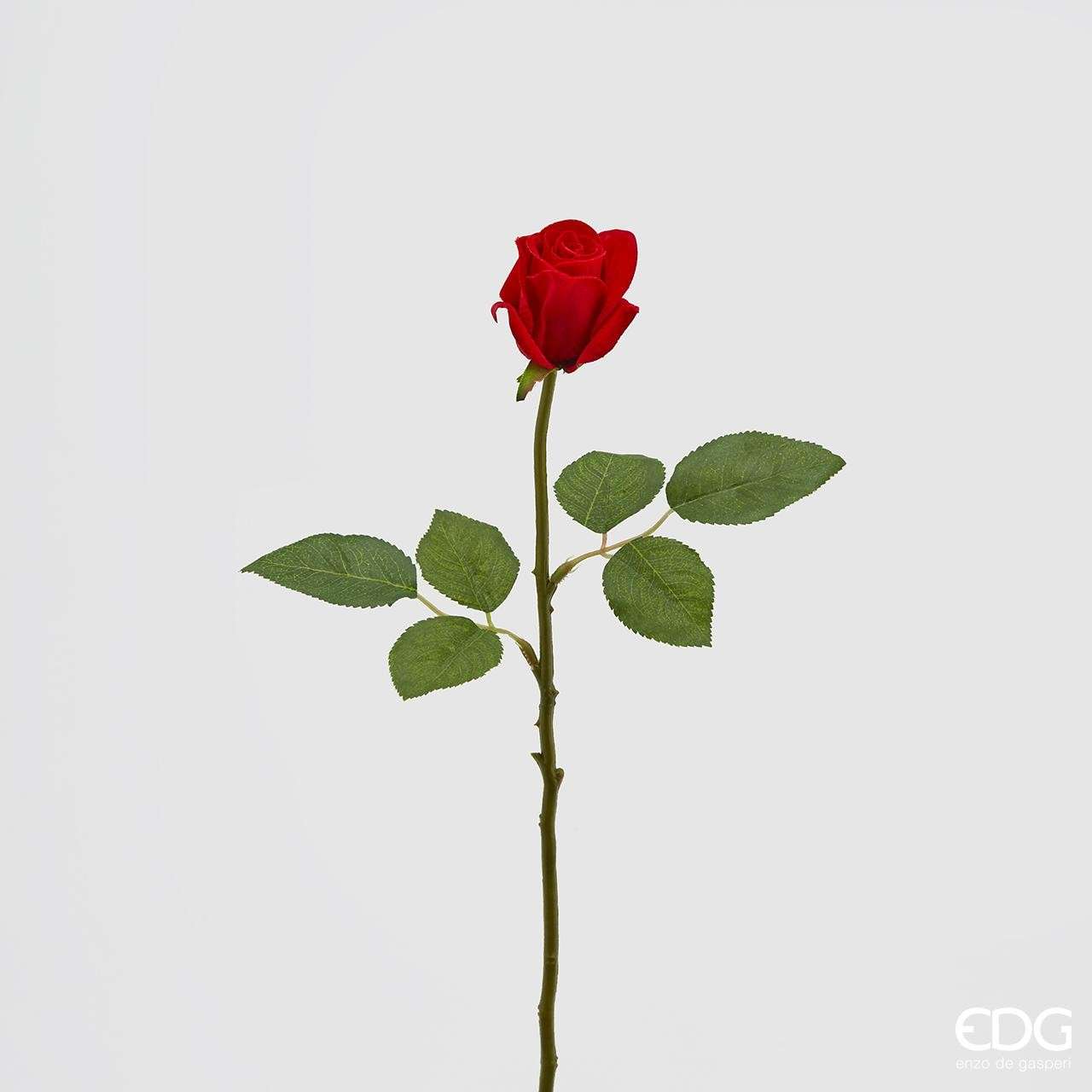 Immagine principale di Ramo di Bocciolo Rosa Rossa Vellutata con foglie h46 cm | 