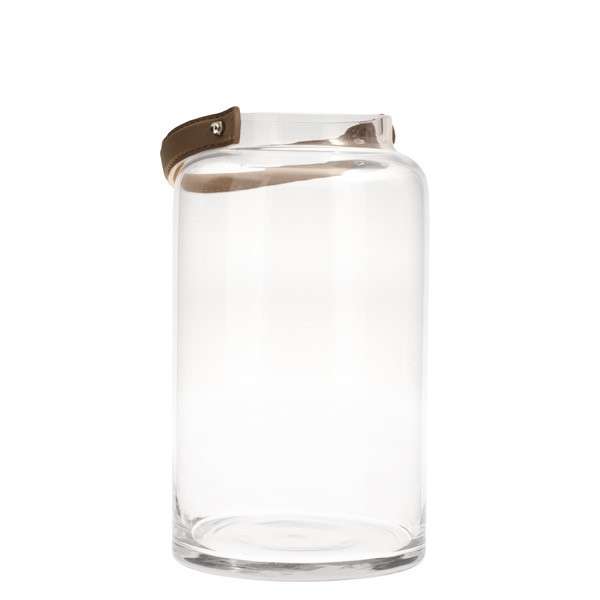 Immagine principale di Vaso/Lanterna in vetro trasparente con manico in Similpelle (2 misure) | Storefactory