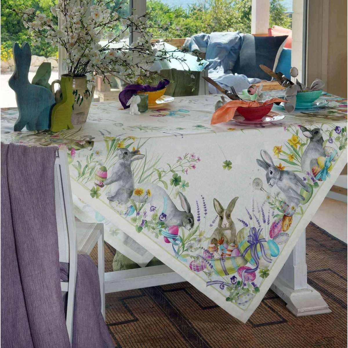 Tovaglia pasquale, lavabile, con coniglio a quadri, decorazione pasquale con uova e fiori, per casa, sala da pranzo, ristorante, appartamento, cucina