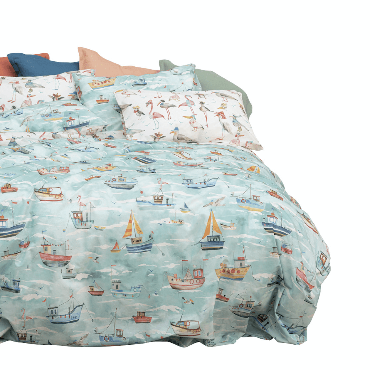 Immagine principale di Completo Letto Matrimoniale Paranza Barche in Percalle di Cotone | Tessitura Toscana Telerie