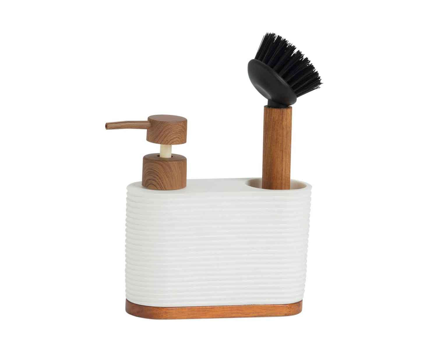 Immagine principale di Set Dispenser x Detersivo Piatti + Spazzola in Poliresina e Acacia - 2 Colori | A. House
