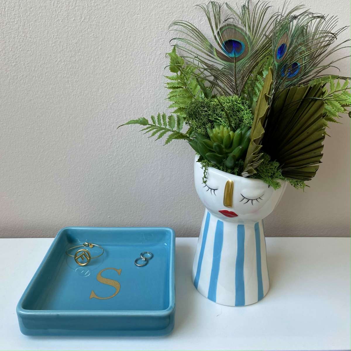 Immagine variante S - Svuotatasche Iniziale Oro (A-Z) in Ceramica Turchese 17x17 cm | Fiorditerra