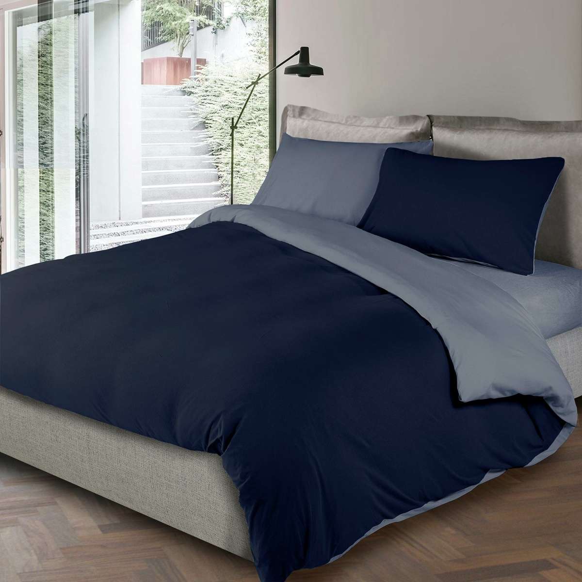 Immagine variante Navy/Denim - Completo Copripiumino Matrimoniale in 100% Jersey di cotone Logan Bicolore | Cavalieri Spa