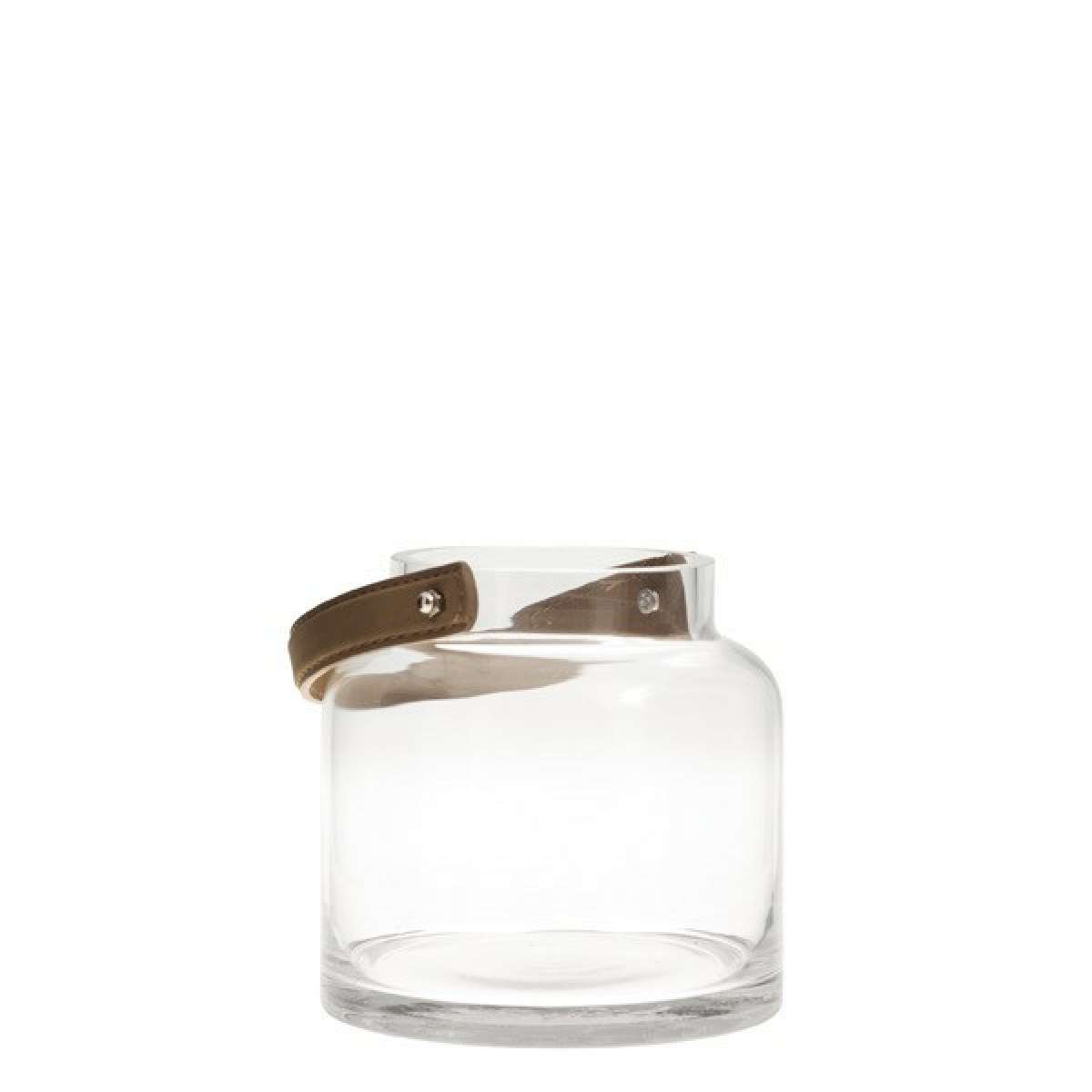 Immagine variante Piccolo - Vaso/Lanterna in vetro trasparente con manico in Similpelle (2 misure) | Storefactory