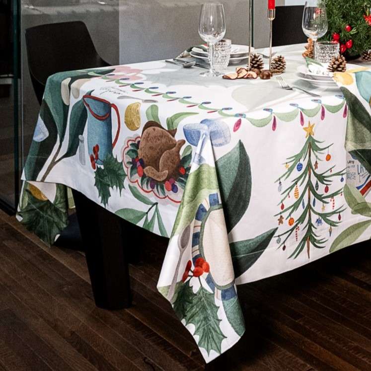 Immagine principale di Tovaglia Quadrata Menù di Natale in Raso di Cotone 220 x 220 cm | The NapKing