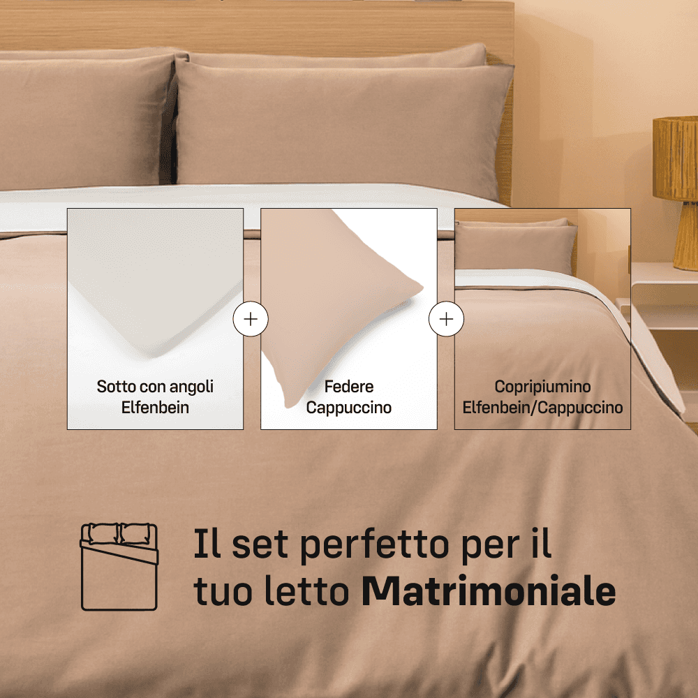 Immagine principale di Set Copripiumino, Sotto con Angoli e Federe in Jersey Elfenbein/Cappuccino | Pietro Zanetti Home
