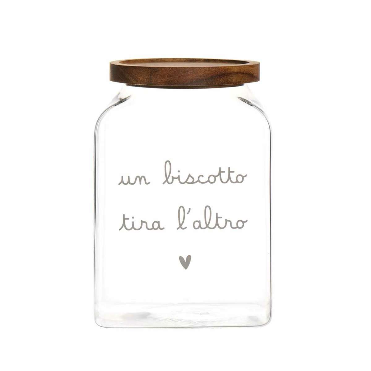 Immagine del prodotto Barattolo in Vetro con Tappo in Legno Acacia "Un Biscotto Tira L' Altro" | Simple Day