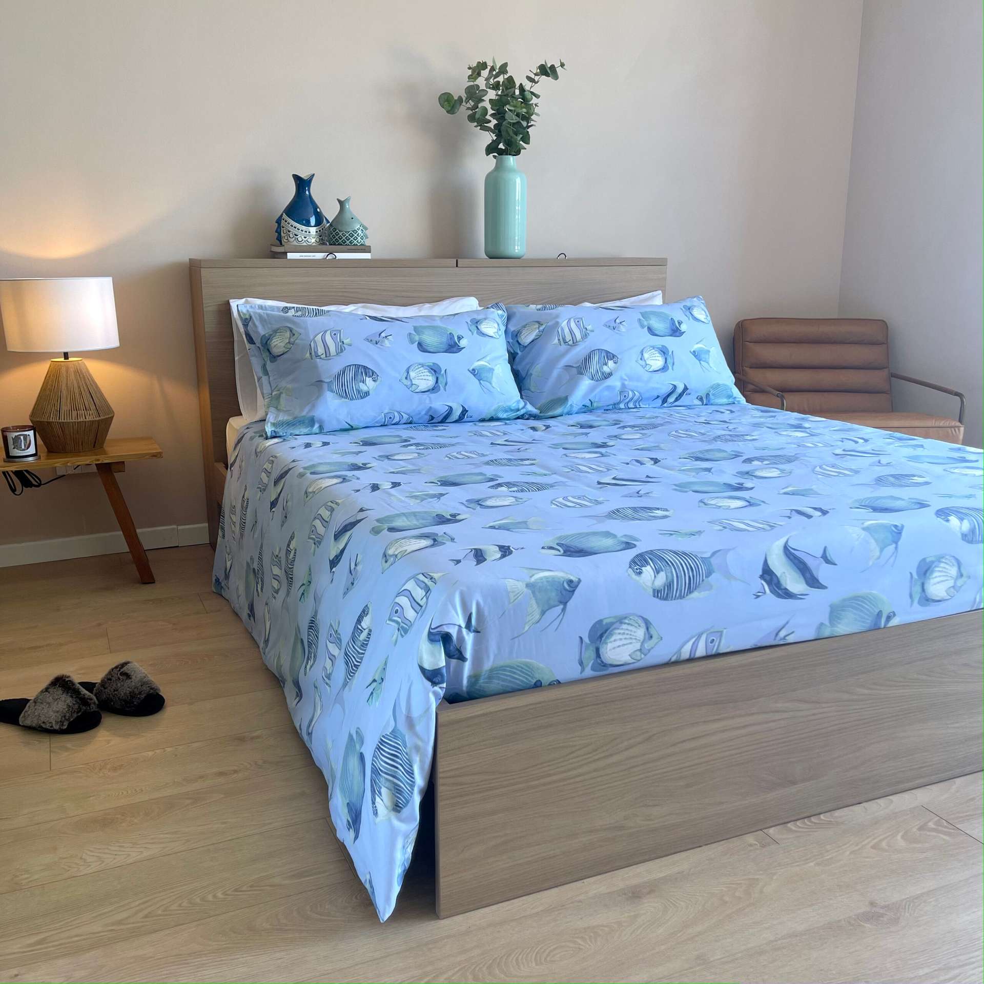 Copripiumino Singolo Havana In Misto Poliestere-cotone – Reversibile, Blu Foglia Di Tè, 135x200 Cm Con Federa 50x75 Cm